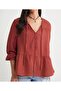 Una Fiaba, Brick Red Oversize Women's Muslin Shirt with Elastic Sleeves - 4