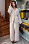 Beige V-Neck Buttoned Belted Double Modal Women's Suit Mg2619 - 6