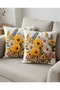 Natural Tone Yellow Floral Patterned Digital Printed Set of 4 Throw Pillow Covers with Punch Embroidery Effect - 4