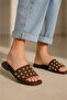 Glam Women's Brown Slippers with Stones, Flat Slippers, Patent Leather Slippers, Gift Slippers Stc1307 - 3