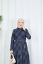 Patterned Belted Ruffled Collar Chiffon Dress Navy Blue Hnt7354 - 8