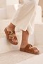 Women's Gold Buckle Detail Suede Slippers 1007-Z005 Tan - 3