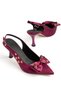 Zerda Women's Burgundy Satin Bow and Gold Detailed Classic Heeled Shoes - 2