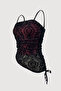 Burgundy Transparent Lace Patterned Gothic Y2K Strappy Crop - 2