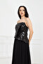 Top Sequined Bottom Chiffon Long Evening Dress - Black - 3