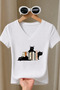 Women's Cat Book Printed Basic Daily Use V-Neck Slim Fit Lycra T-Shirt