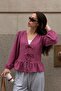 Women's Dusty Rose Front Tie Blouse with Ruffled Hem and Elastic Sleeves Arm-26K001019