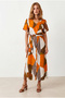 Women's Orange Ecru Buttoned Belted Maxi Viscose Shirt Dress Elb-19002382 - 5