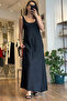 Black Thick Strap Long Satin Dress - 3