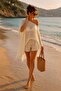Beige Cotton Viscose Transparent Pareo Poncho – Summer Beach Top - 5