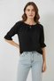 Women's Round Neck Ruffle Detailed Sleeve Viscose Black Blouse - 4