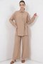 Women's Shirt Collar, Gathered Waist, Lace-Up Viscose Beige Double Set - 4