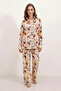Women's Shirt Collar Oversize Floral Patterned Cream Double Set