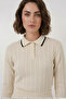 Women's Polo Collar Belted Vertical Striped Pattern Knitwear Cream Double Set - 2