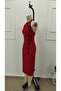 Women's One-Shoulder Open-Front Bow Lace Detailed Slit Midi Imported Crepe Dress - 5