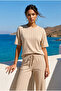 Women's Beige Short Sleeved Scuba Combed Cotton Stone Printed Tracksuit Set Yy101385