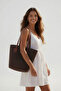 Summer Straw Bag with Brown Faux Leather Strap |   Casual and Beach Lined Shoulder Model - 6