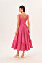 Red and White Gingham Square Collar Midi Dress with Ruffle Detail at the Hem - 2