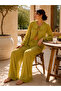 Flounced Chiffon Oil Green Trouser Suit - 2