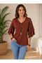 Women's V-Neck Blouse with Flounce Sleeves - 6