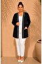 Women's Black Plus Size Stone Print Front White Ribbed Stripe Detail Pocketed Open Front Stretchy Viscose Cardigan - 3