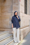 Women's Shoulder Gathered Detail Layered Striped Tunic Navy Blue - 8