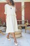 Beige Boat Neck Short Sleeve Double Layered Mesh Detailed Linen Loose Woven Dress 115 60 - 2