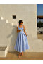 Blue and White Gingham Square Collar Princess Stitched Paneled Flared Maxi Poplin Dress - 5