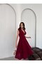 Burgundy Backless Midi Evening Dress with Gold Accessory Detail - 2