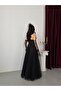 Black One-Shoulder Sequin Embroidered Puffy Tulle Skirted Evening Dress - 7