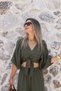 Khaki Balloon Sleeve Tie-Down Blouse and Pants Set - 2