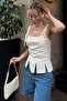 Beige Gesi Waist Cut-Out Thick Strap Back Zipper Women's Crop Blouse