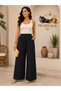 Women's Black Elastic Waist, High Waist, Loose Cut, Wide Leg Trousers 36-46 Size