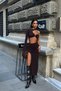 Women's Brown Belly-Baring One-Sleeve Slit Midi Dress - 2
