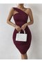 Women's Asymmetrical Stripe Detailed Shirred Short Diver Dress with Open Shoulders