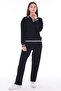 Women's Cotton V-Neck Stripe Detailed Tracksuit Set Black -8537 - 8