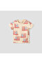 Crew Neck Short Sleeves T-shirt with Dinosaur Bus Print