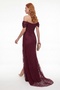 Women's Burgundy Slim Fit Boat Neck Lace Long Evening Dress - 6