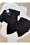 Black Heart Patterned Pajama Set with Ruffle Detail on the Legs and Marine Fabric Shorts - 2