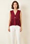 Women's V-Neck Ruffled Hem Buttoned Burgundy Blouse - 2