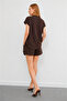 Women's Crepe Fabric V-Neck T-Shirt Pocketed Elastic Shorts Set 958 - 5