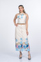 Women's Summer Blue Neck Tie Flower Patterned Crop Blouse and Pleated Midi Skirt Set Stylish Daily Casual Two-Piece 1313