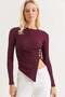 Long-Sleeved Blouse with Side Buckles and Slits in Burgundy - 5