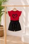 Girls Shorts Set Heart Printed Red T-Shirt Black Shorts Summer Two-Piece Set - 3