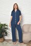 Women's Pajama Set - Indigo Polka Dot Front Buttoned Short Sleeve Lycra Viscose 2888Ky - 4