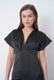 Women's Satin Fabric V-Neck Design Midi Black Evening Dress Black Event Dress 77167 - 2