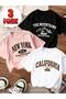 Printed Black - White - Pink 3-Piece Children's T-Shirt 100% Cotton Short Sleeve Knitted Crew Neck