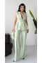 Women's Fabric Button Detail Vest Trousers Set Light Green