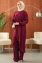 Burgundy Asymmetrical Cut Tunic with Elastic Sleeves and Trousers Set - 2