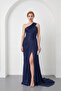 Women's Navy Blue Asymmetrical Collar Slit Long Evening Dress